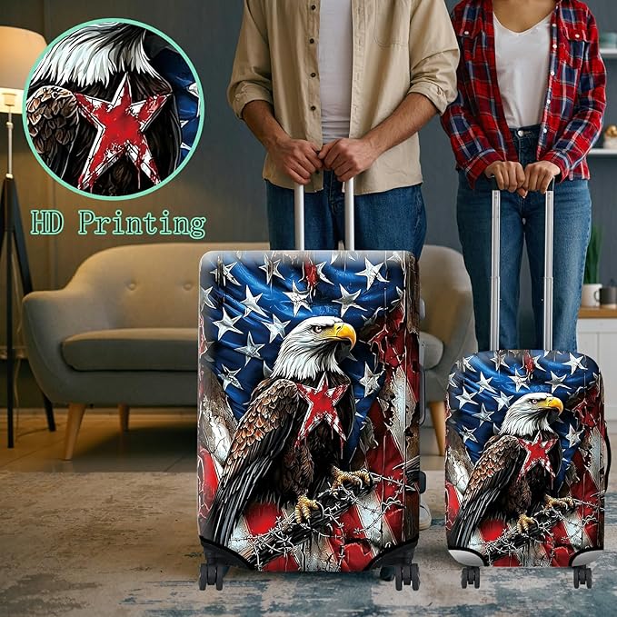 Luggage Cover + Tag, Eagle American Flag Travel Suitcase Protector for 22-24 inch Luggage (M) with Concealed Zipper, Washable Elastic Cloth, Dustproof, Anti-Scratch