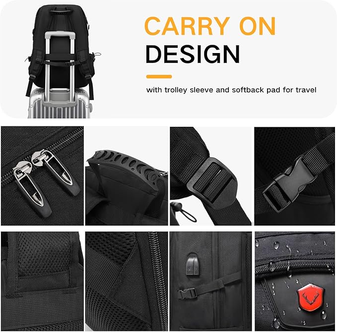 80L Travel Backpack, 18 Inch Laptop Backpack for Men Women, Waterproof Anti-Theft TSA Friendly Flight Approved with USB Interface & Shoe Compartment, Black