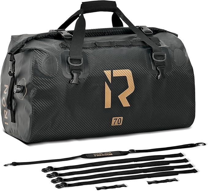 IRON JIA'S Motorcycle Dry Bag - Waterproof Duffle & Luggage Tail Bag Saddle Bags with Roll Top Closure, Shoulder Straps, Inner Pocket and Mesh Pocket (Carbon Fiber, 70L)