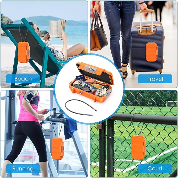 AMIR Portable Combination Lock Box, Security Case Lock Box with Code, Waterproof Anti-Theft Mini Travel Safe Box with Removable Chain, Portable Lock Box for Dorm Beach Hotel