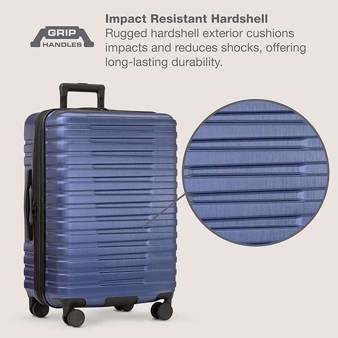 U.S. Traveler Boren Polycarbonate Hardside Rugged Travel Suitcase Luggage with 8 Spinner Wheels, Aluminum Handle, Navy, 2-Piece Set, USB Port in Carry-On