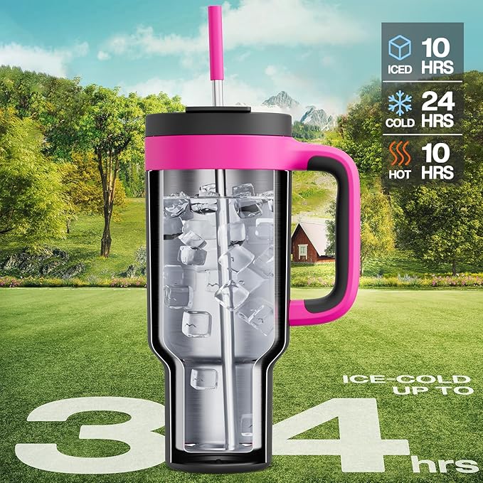 POWCAN 40 oz Tumbler with Handle, 2-in-1 Straw and Sip Lid, Leakproof, Dishwasher Safe, Insulated Stainless Steel Travel Coffee Mug, Keeps Cold for 34 Hours, Fits in Car Cup Holder (Berry)