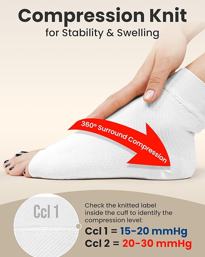 KEMFORD Ankle Compression Sleeve - Plantar Fasciitis Braces - Open Toe Compression Socks for Swelling, Sprain, Neuropathy, Foot Arch Support for Men and Women - 20-30mmhg, L, White