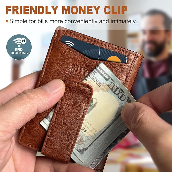 Airtag Wallet for Men- with Money Clip Gift Boxed, Magnetic Closure Slim Genuine Leather Front Pocket Wallet, 4.1"x 2.8", RFID Blocking