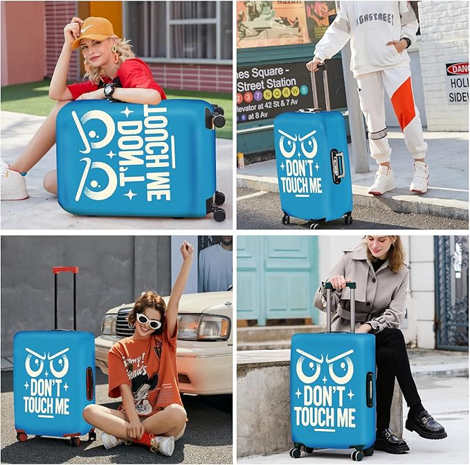 ANNA QUEEN Funny “Don’t Touch Me” Luggage Cover, Bold Blue Suitcase Protector with Angry Eyes Design, Stretchable, Washable Travel Cover for 28-30 Inch Luggage