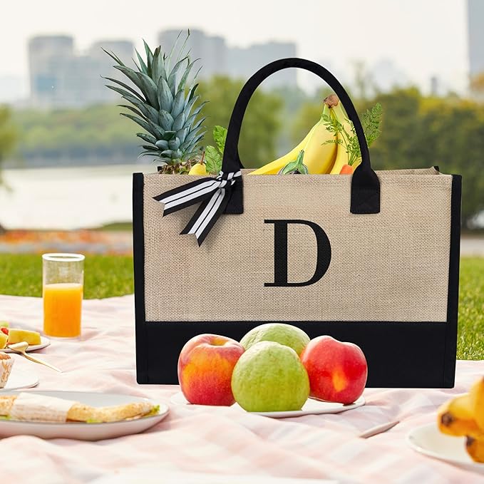 TOPDesign Initial Jute/Canvas Tote Bag, Personalized Present Bag, Suitable for Wedding, Birthday, Beach, Holiday, is a Great Gift for Women, Mom, Teachers, Friends, Bridesmaids (Letter D)