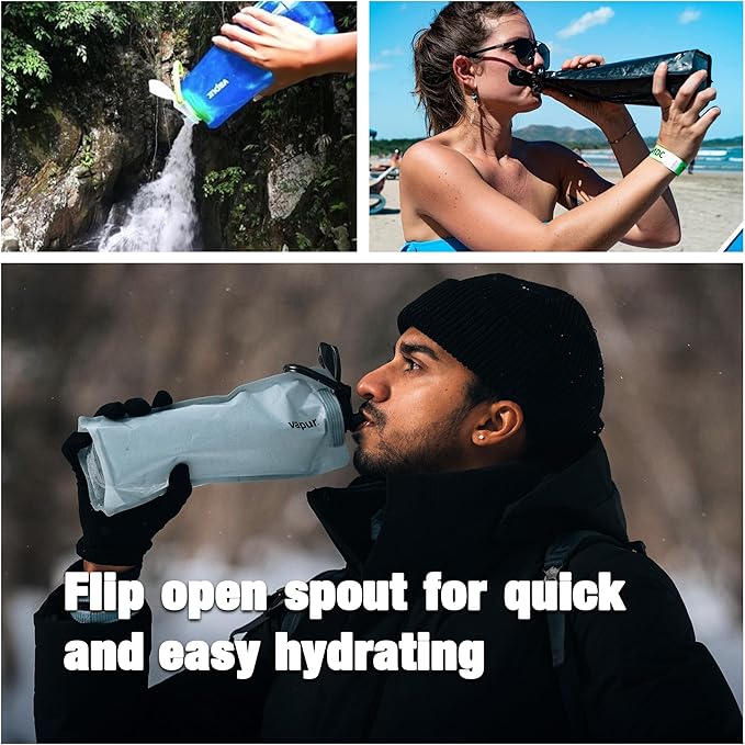 Vapur Collapsible Water Bottle With Carabiner, Compact Bottle Folds Flat For Hydration On The Go, Ideal for Traveling, Hiking or Camping, 23 Ounce, Blackout, Pack of 1