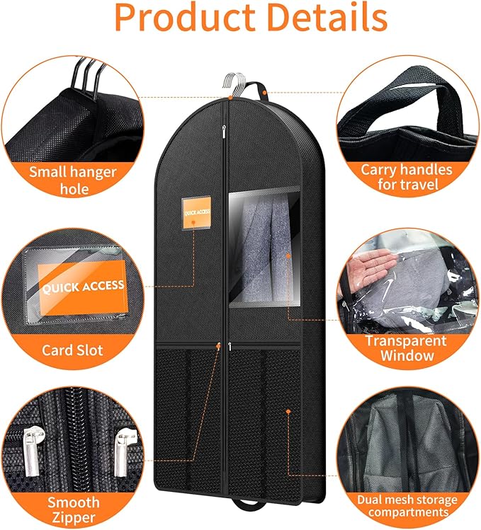 Suit Garment Clothes Travel Bag: 43 inch Lightweight Foldable Black Short Fabric Breathable - Hanging Storage Cover Pockets Zipper for Men - Wardrobe Carry Coat Jacket Uniform Tuxedo Shirt