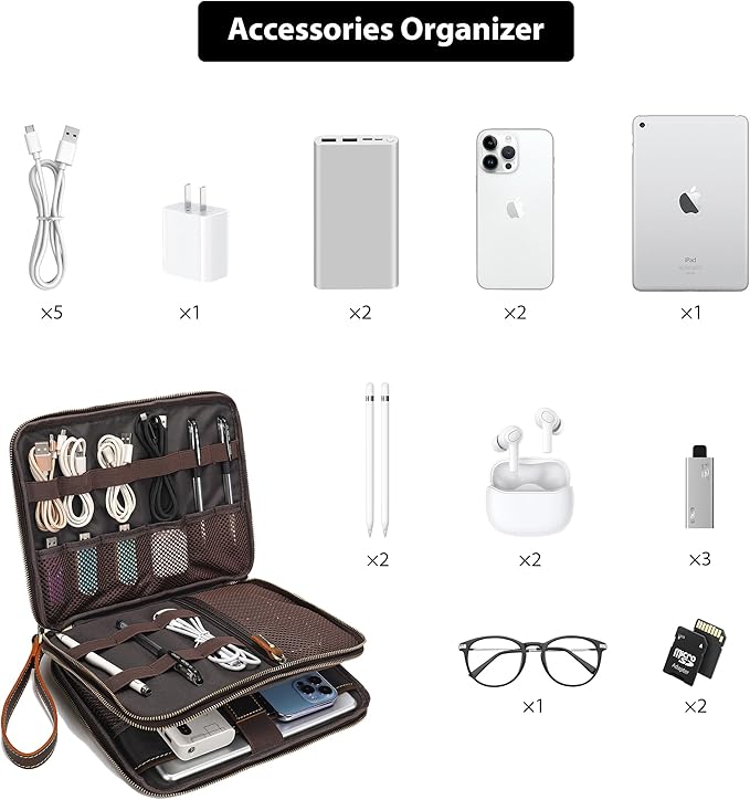 LANNSYNE Full Grain Leather Travel Cable Accessories Bag, Electronic Organizer Carry Case Double Layer Storage Case for Cables, Charger, Phone, Power Bank