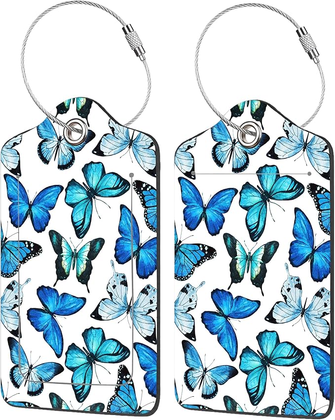 2 Pack Luggage Tag for Suitcase,Beautiful Blue Butterfly PU Leather Suitcase Tags Identifiers with Privacy Name Address Labels and Durable Steel Loop for Women Men Travel