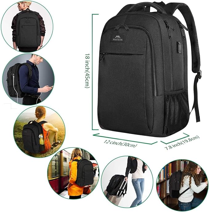 MATEIN Business Laptop Backpack, 15.6 Inch Travel Laptop Bag Rucksack with USB Charging Port, Water-Resistant Bag Daypack for Work College Computer Men Women Backpack, Black