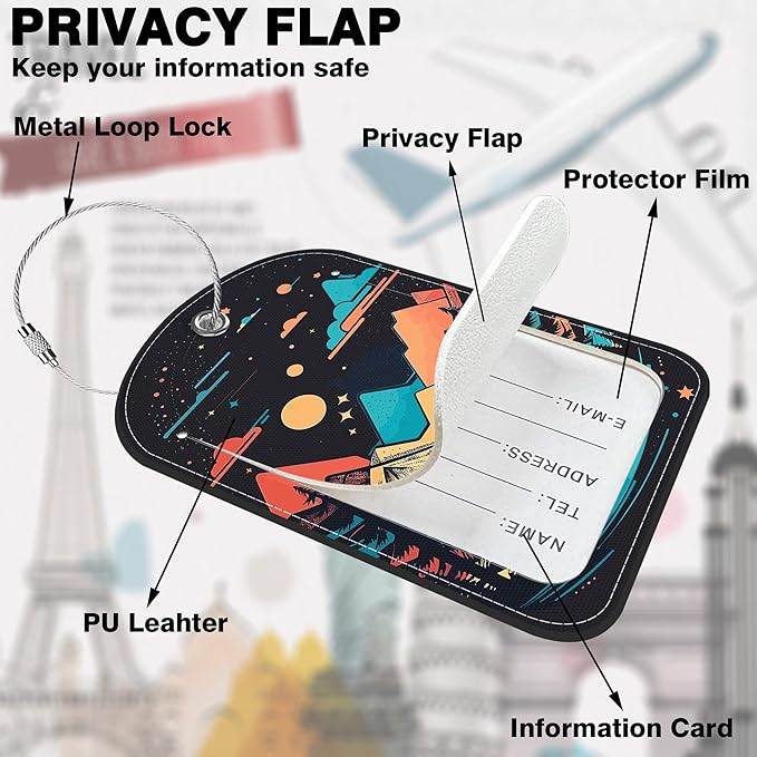 2 PCS Leather Luggage Tags for Suitcase Colorful Bright Mountain Travel Luggage Tag with Privacy Flap Name ID Label and Metal Loop for Travel Bag Suitcase