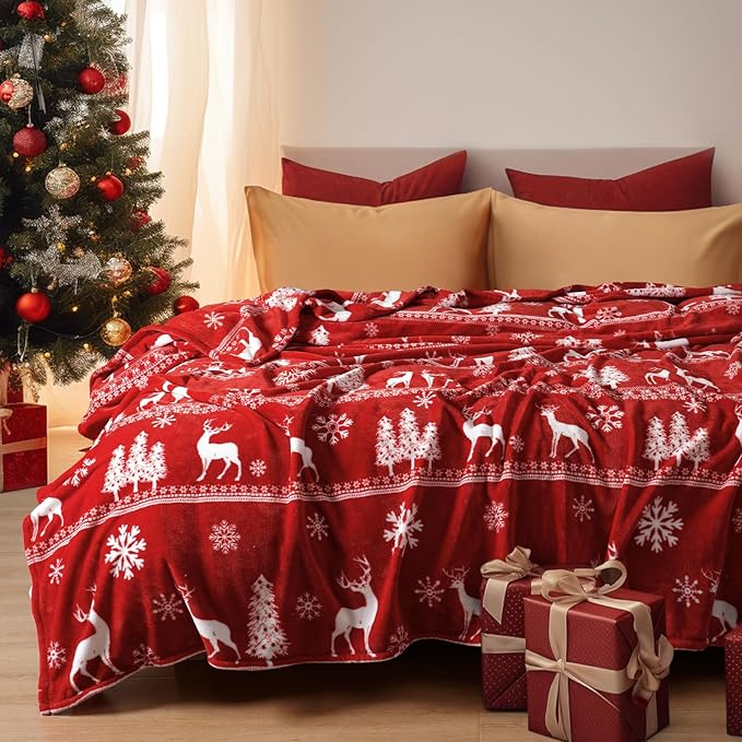 PHF Printed Fleece Blanket Twin Size, No Shed No Pilling Ultra Soft Plush Cozy Xmas Prints Theme Home Décor Flannel Blanket for Bed, Sofa, Couch and Gift, 66" x 90", Reindeer and Trees, Red