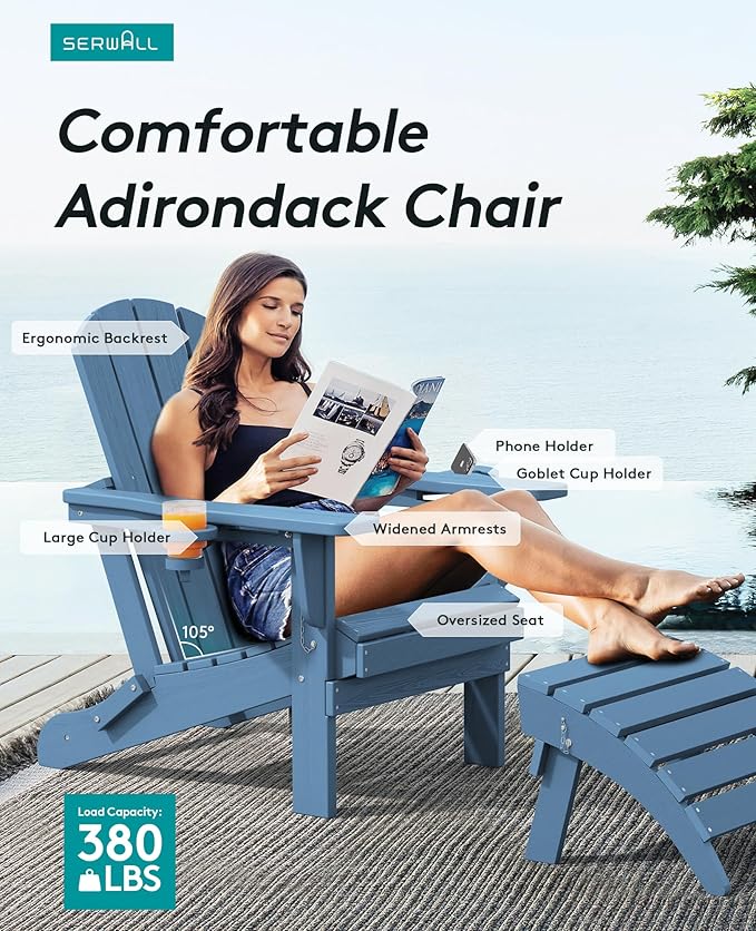 SERWALL Folding Adirondack Chair, HDPE Adirondack Chairs Set of 8, Plastic Outdoor Chairs- Looks Exactly Like Real Wood- Navy