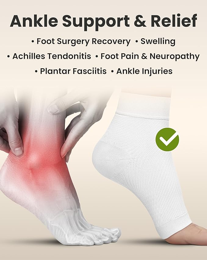 KEMFORD Ankle Compression Sleeve - Plantar Fasciitis Braces - Open Toe Compression Socks for Swelling, Sprain, Neuropathy, Foot Arch Support for Men and Women - 20-30mmhg, M, White