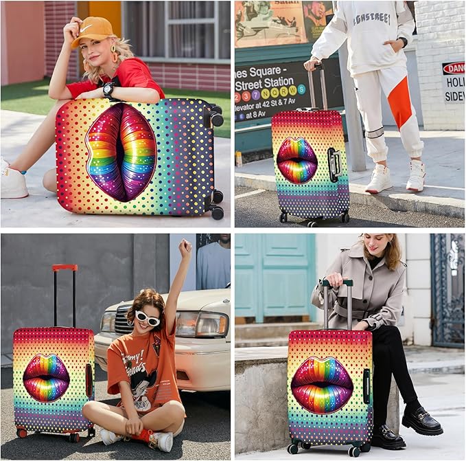 ANNA QUEEN Pop Art Rainbow Lips Luggage Cover, Colorful Suitcase Protector with Bold Lip Design, Stretchable, Washable Travel Cover for 28-30 Inch Luggage, Fun & Fashionable Style