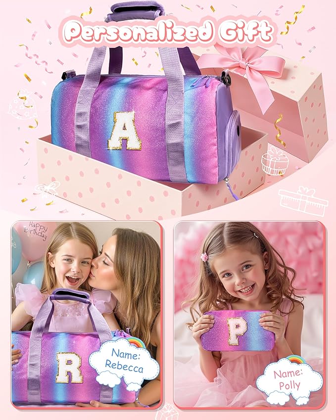 Sister Graduation Gift-Girl Gym Bag with Shoe Compartment, Kid Personalized Weekender Overnight Bags, Initial Travel Tote with Makeup Pouch Valentine's Day Gifts for Kids (Letter I)