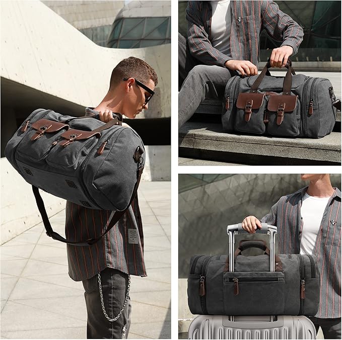 Wildroad 60L Travel Duffel Bag, Expandable Canvas Genuine Leather Duffle Bag Upgraded Overnight Weekender Bag Carry on Bag