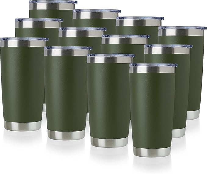 DOMICARE 20oz Stainless Steel Tumbler Bulk with Lid, Double Wall Vacuum Insulated Travel Mug, Powder Coated Coffee Cup (Army Green, 12)