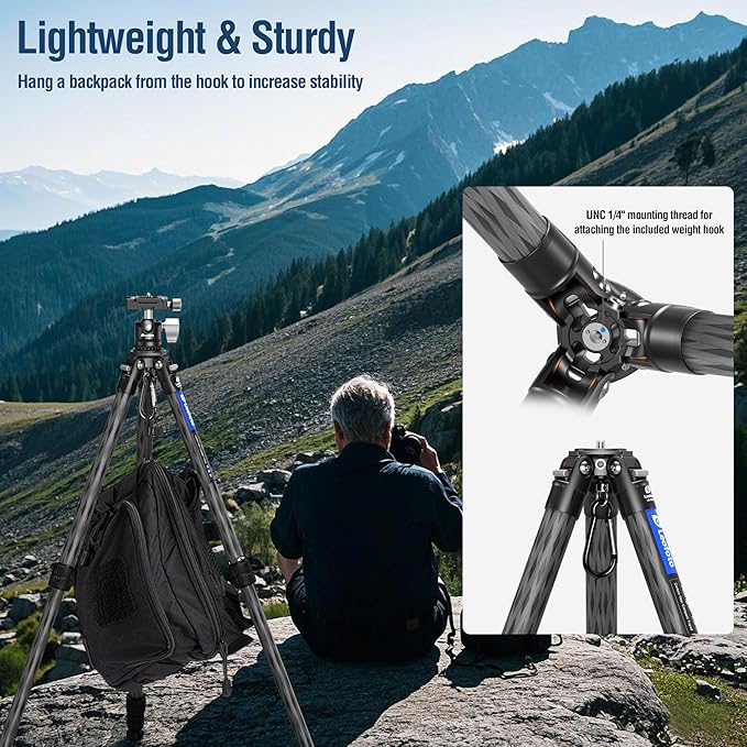 42.2" Carbon Fiber Travel Tripod with 4-Section Leg, Professional Shoot Tripod for Travel/Video/Live Streaming, Max Load 13.23lb with 1/4"-20 Threaded Accessory Socket