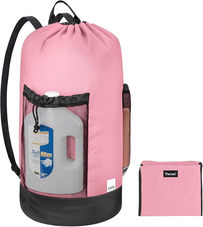 BALEINE 150L Laundry Bag Backpack, 900D Oxford Fabric Large Travel Laundry Bags with Shoulder Straps and 2 Mesh Pockets for College Dorm, Apartment, Laundromat (Pink, 150L)