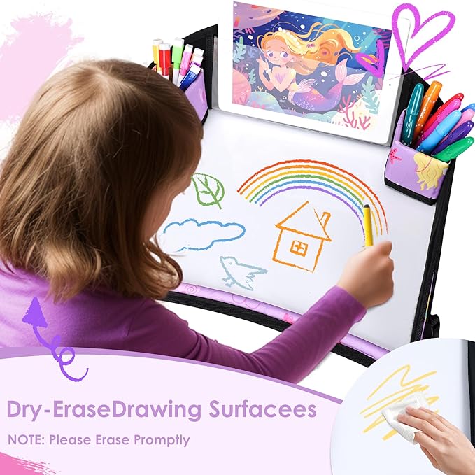 Kids Travel Tray for Airplane - Toddler Car Seat Table Tray, Road Trip Essentials for Boys & Girls, Carseat Lap Desk for Kids Road Trip Activities (Purple Mermaid)