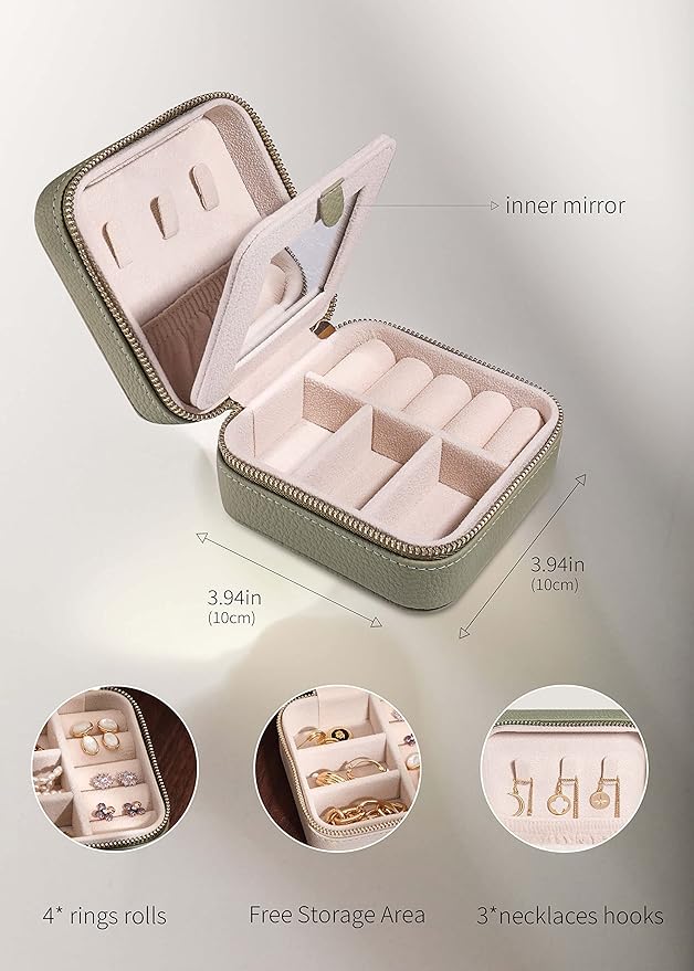 S.Leaf Mini Jewelry Case - Portable Travel Jewelry Box for Women (01 Lychee Sage Green)