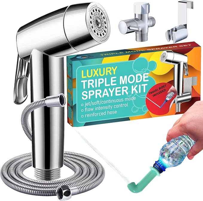Handheld Bidet Sprayer for Toilet - Triple Mode Spray: Cloth Diaper Washer, Jet Spray & Gentle Stream | Premium Adjustable Hose Sprayer Attachment for Muslim Shower Shattaf | Portable Bidet Included