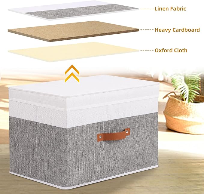 Fabric Storage Bins with Lids, 3 Pack Linen Foldable Cloth Baskets, 15 x 9.8 x 9.8 Inch Closet Organizer Containers with Double Handles, Sweater Boxes for Bedroom, White and Grey