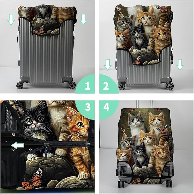 Luggage Cover + Tag, Cats Family Travel Suitcase Protector for 18-20 inch Luggage (S) with Concealed Zipper, Washable Elastic Cloth, Dustproof, Anti-Scratch