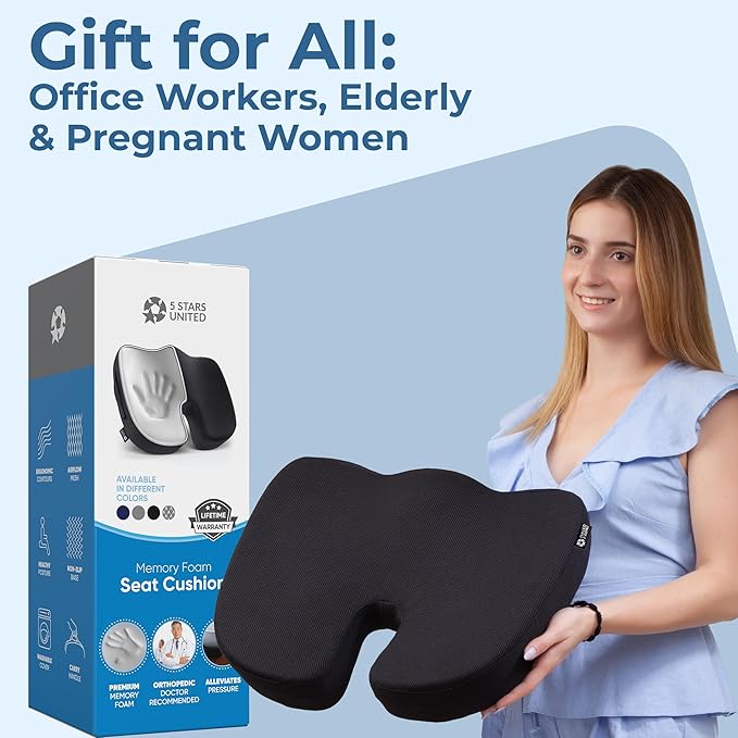 5 STARS UNITED Seat Cushion for Tailbone Pain Relief – Large Memory Foam Cushion for Coccyx, Hip, Sciatica & Post-Surgery Recovery – Wheelchair, Car, Desk, Gaming & Office Chairs, Black