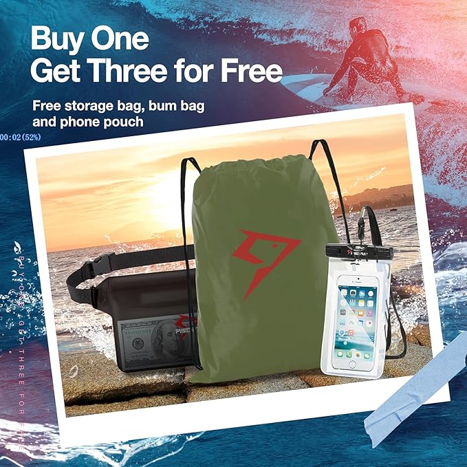 Piscifun Dry Bag Waterproof, Lightweight Dry Backpack Roll-Top Sealed with Waist Pouch and Phone Case Keeps Gear Dry Inside for Kayaking, Boating 10L 20L 30L