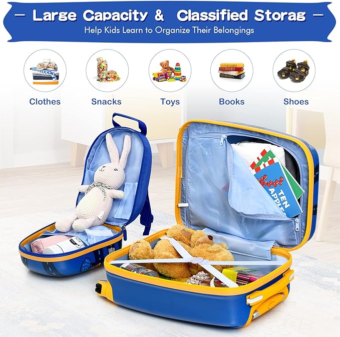 HONEY JOY Kids Luggage, 12" Toddler Backpack & 18" Travel Suitcase with Wheels, Lightweight Toddler Suitcase, Durable ABS Hardshell, 2Pcs Carry On Luggage Set for Boys Girls (Car)
