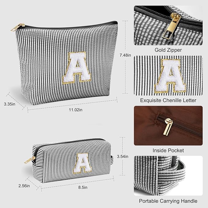YOOLIFE Initial Cute Monogrammed Makeup Bag for Women - Personalized Birthday Gift for Teen Girl or Mom - Black