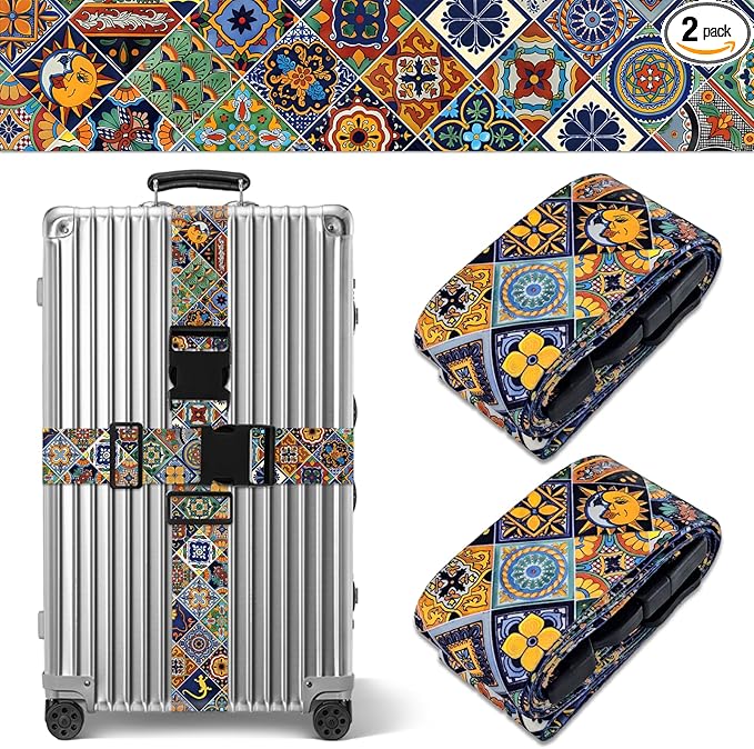 Boho Luggage Straps for Suitcases TSA Approved, Luggage Identifiers for Suitcase, Adjustable Suitcase Strap for Baggage Security with Cute Patten, Travel Necessary Accessories (2Pack)