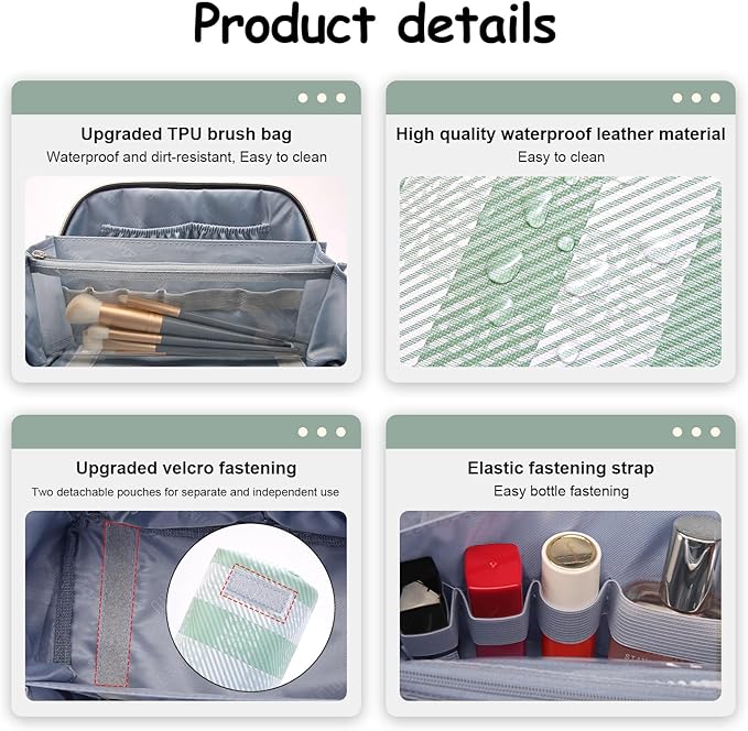 BOYATU Makeup Bag Travel Cosmetic Bag: 3 Pcs Set Portable Make up Bags for Women with Handle - Waterproof Vegan Leather Toiletry Organizer Bags with Comparments (F-02-Green)