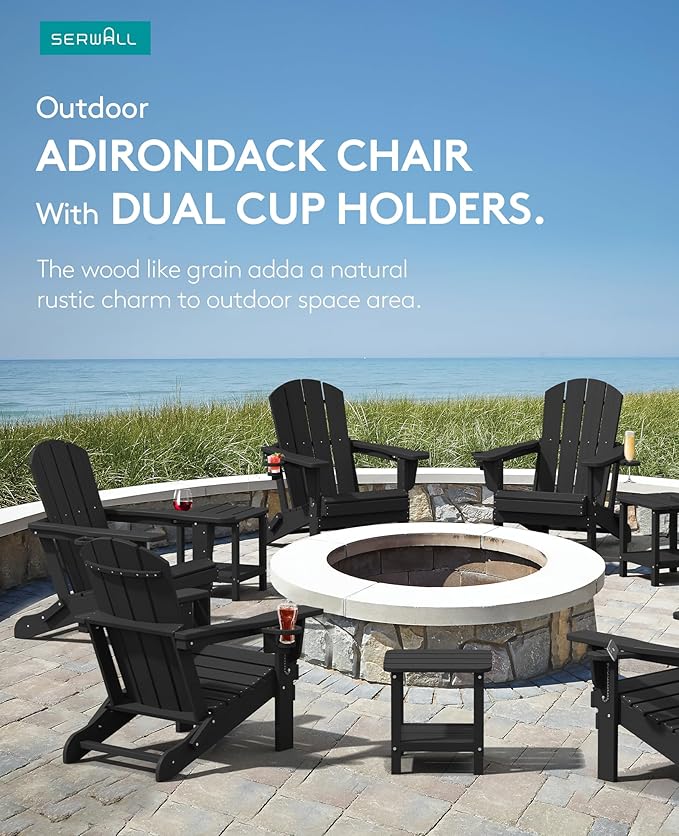 SERWALL HDPE Folding Adirondack Chair with Dual Cup Holder - Composite Adirondack Chair Set of 6- Black