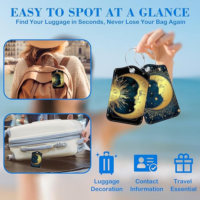 Moon Sun Star Luggage Tags for Suitcases Astrology Phases Leather Travel Tags for Luggage ID Label with Privacy Cover and Stainless Steel Loop for Men Women Suitcase Backpack, Set of 2