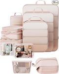 Veken 11 Set Compression Packing Cubes for Travel Essentials,Compressible Expandable Large Luggage Suitcase Organizer Bags for Clothing,Durable Space Saver Storage Bags with Toiletry Bags(Beige)