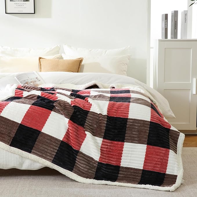 PU MEI Sherpa Blanket Twin Plaid Thick Bed Blanket, 60”*80” Super Soft Flannel Fuzzy Fleece Reversible Velvet Plush Warm Blanket for Couch (Black Red Check)