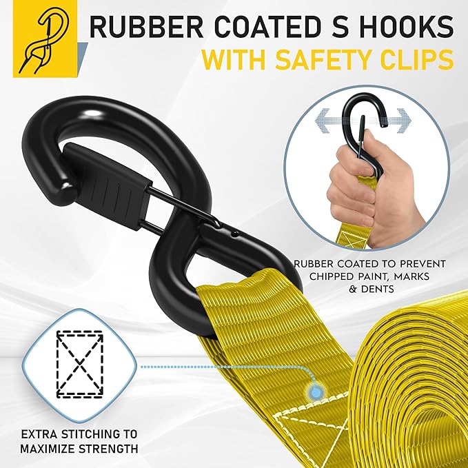 AUGO Heavy Duty Ratchet Straps & Soft Loops – Pack of 4 Extra Strong 1.5” by 15’ Ratchet Straps w/S-Hook Safety Latches & 4 Soft Loop Tie Downs – 4400Lb Break Strength for Motorcycles, ATVs, Etc.