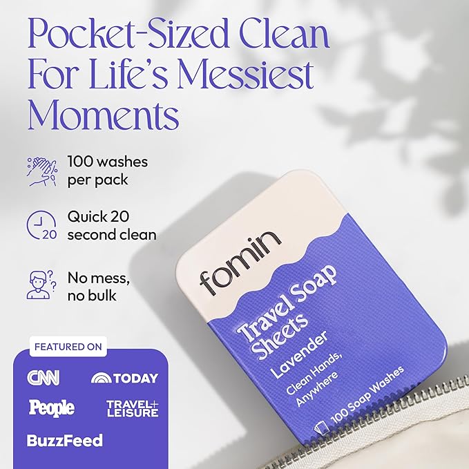 FOMIN - Antibacterial Paper Soap Sheets Tin for Traveling - (100 Sheets) Lavender Portable Travel Hand Soap Sheet, Dissolvable Mini Camping Hand Soap for Hand Washing