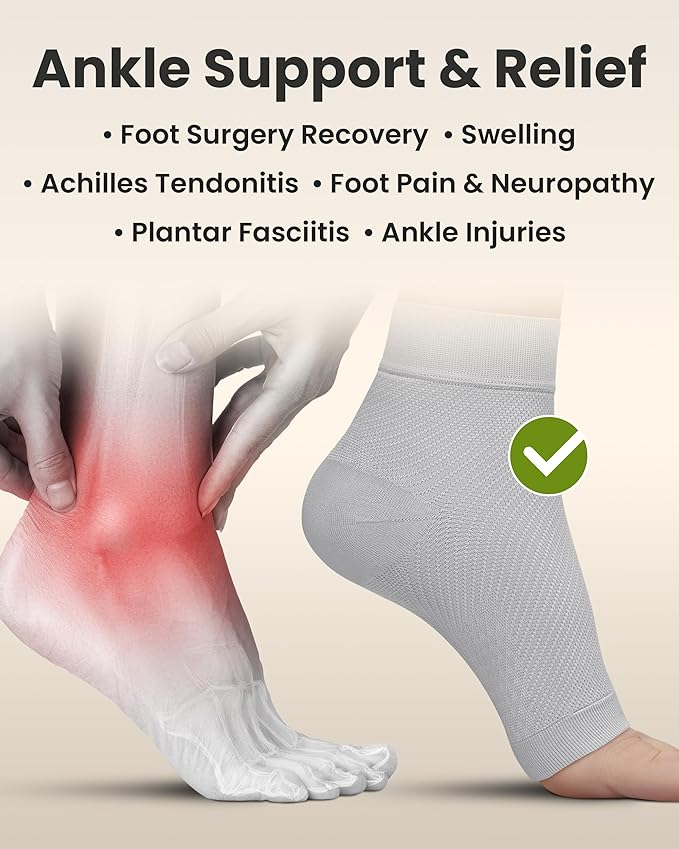 KEMFORD Ankle Compression Sleeve - Plantar Fasciitis Braces - Open Toe Compression Socks for Swelling, Sprain, Neuropathy, Foot Arch Support for Men and Women - 20-30mmhg, L, Grey