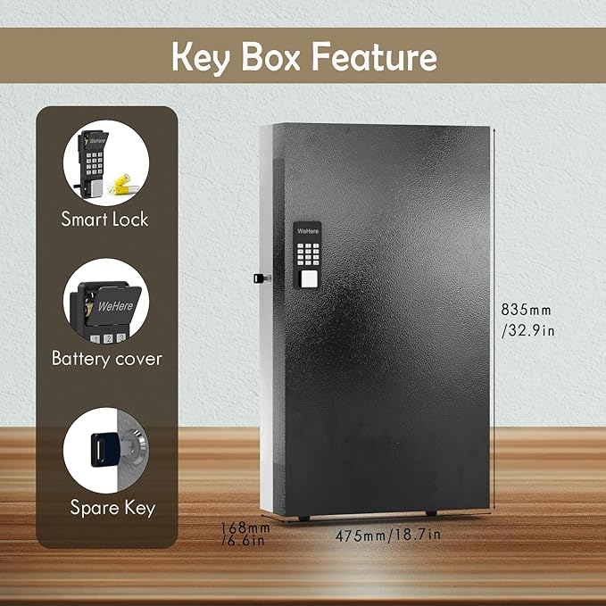 WeHere 360 Lock Box Wall Mount, APP Bluetooth/OTP/Wi-Fi/Fixed Code/Key Unlock, Smart Cabinet With Tag, Organizer Holder, Management Directory for Office, Valet, Realtor, Hotel