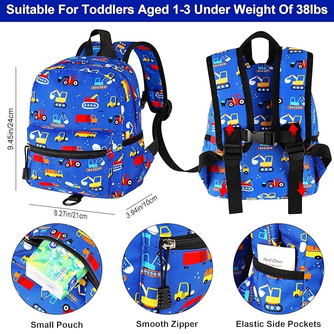 Accmor Toddler Backpack Leash with Anti Lost Wrist Link, Cute Mini Child Walking Harnesses Keep Kids Close Back Pack Rope Tether Rein for Baby Boys (Blue/Excavator)