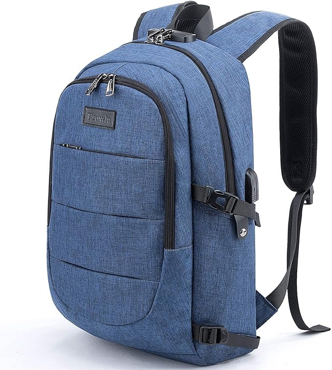 Tzowla Business Laptop Backpack Anti-Theft Backpack with USB Charging Port and Lock 17.3 Inch Computer Backpacks for Women Men, Casual Hiking Travel Daypack (Blue)