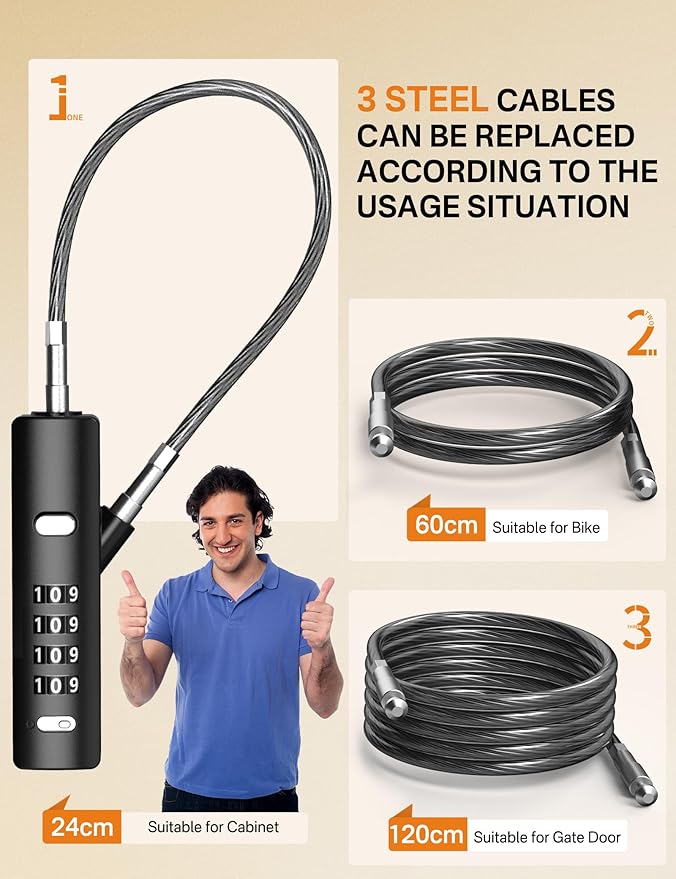 4-Digit Combination Cable Luggage Lock with 3 Interchangeable Steel Cables (9"/24"/47") – for Bike, Backpack, Gym, Cabinet, Gate (Black, 1 Pack)