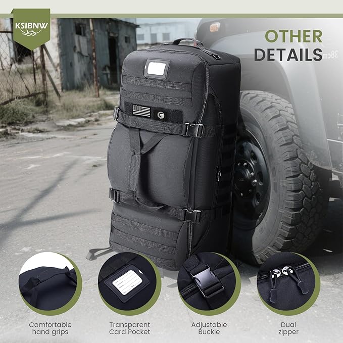 KSIBNW Rolling Duffel Bag with Wheels and Handle, 4 In 1 Tactical 86L Military Backpack with Hidden Straps,Waterproof Wheeled Large Duffle Bag for Travel,Durable MOLLE Luggage for Men & Women, Black