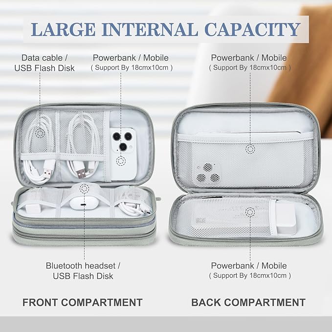 FYY Electronic Organizer, Travel Cable Organizer Bag Pouch Electronic Accessories Carry Case Portable Waterproof Double Layers Storage Bag for Cable, Charger, Phone, Earphone, Medium Size- Light Grey