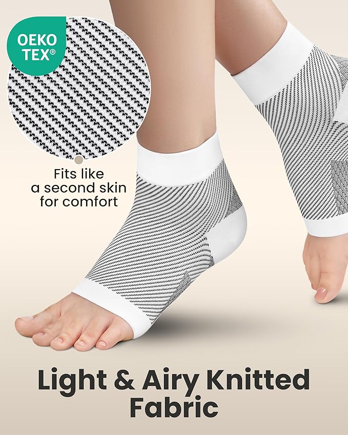 KEMFORD Ankle Compression Sleeve - Plantar Fasciitis Braces - Open Toe Compression Socks for Swelling, Sprain, Neuropathy, Foot Arch Support for Men and Women - 20-30mmhg, L, White and Black